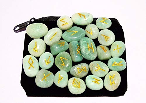 WholesaleGemShop Runen-Set in verschiedenen Edelsteinen mit Samtbeutel 15-25 mm Green Aventurine von WholesaleGemShop