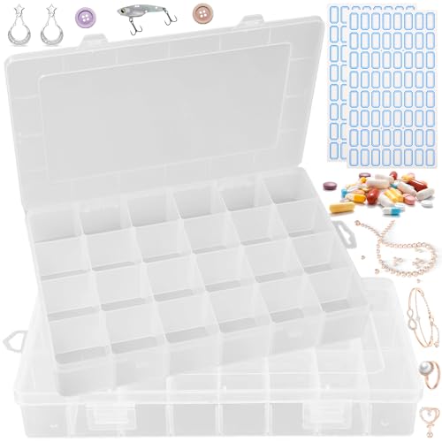 2 Stück Sortierboxen für Kleinteile, 24 Gitter transparente Schmuck Organizer Box, für Ohrringen,Perlen,Aufbewahrung,Büromaterial,Angehen Angelköder Box,von Schrauben(Kommt mit Etikettenaufkleber) von WiDream