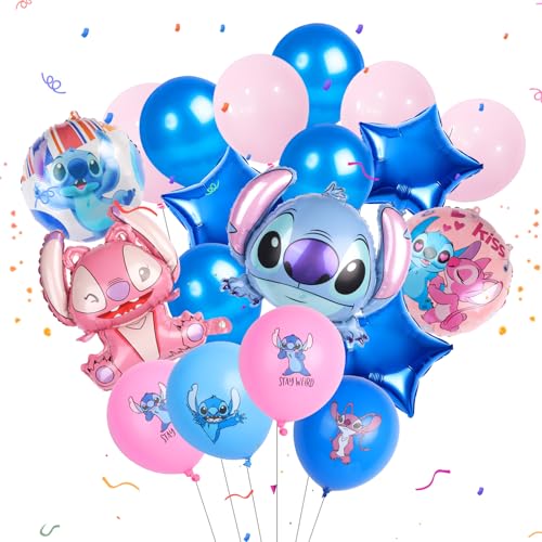 19pcs Stitch Geburtstag Dekorationen Stitch Geburtstag Dekorationen für Kinder 4 Stitch Folienballon 12 Rosa Blau Latex Ballon Cartoon Ballons für Jungen Mädchen Geburtstag Party Supplies von Wiainty