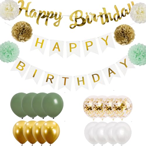 Wiainty Alles Gute zum Geburtstag Weißes Gold Happy Birthday Banner, Gold Weiß Grün Alles Gute Zum Geburtstag Dekorationen, Banner Happy Birthday Banner, Pompons, Luftballons für Mädchen Jungen von Wiainty