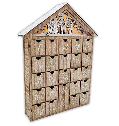 Wichtelstube-Kollektion Adventskalender Holz zum befüllen, Weihnachten weiß braun XL Fächer, Weihnachtsdeko Holz beleuchtet batteriebetrieben inkl. Timer von Wichtelstube-Kollektion