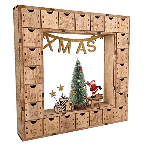 Wichtelstube-Kollektion Adventskalender Weihnachtsbaum Holz zum befüllen, wiederverwendbar, LED Beleuchtung ca. 35cm Weihnachtskalender mit Schubladen zum selbstbefüllen von Wichtelstube-Kollektion