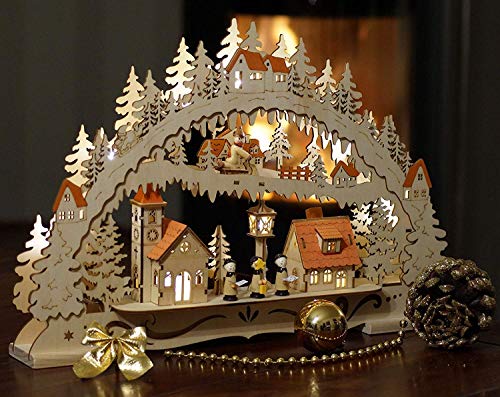 Wichtelstube-Kollektion Holzkunst LED Schwibbogen Kurrenden Schwippbogen Lichterbogen, Weihnachtsdeko Fensterbank Echtholz, Batteriebetrieben mit Timer, 44cm Breite von Wichtelstube-Kollektion