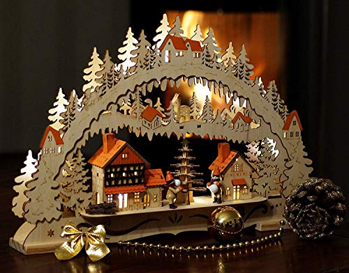 Wichtelstube-Kollektion Holzkunst LED Schwibbogen Weihnachtsstadt Schwippbogen Lichterbogen, Weihnachtsdeko Fensterbank Echtholz, Batteriebetrieben mit Timer, 44cm Breite von Wichtelstube-Kollektion