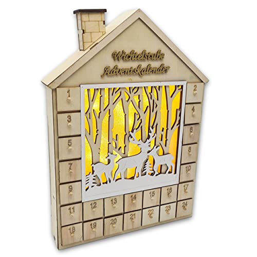 Wichtelstube-Kollektion LED Adventskalender Holz zum befüllen, Jäger Natur Schubfächer, Weihnachtsdeko Holz beleuchtet inkl. Trafo, Batteriebetrieb und timer von Wichtelstube-Kollektion