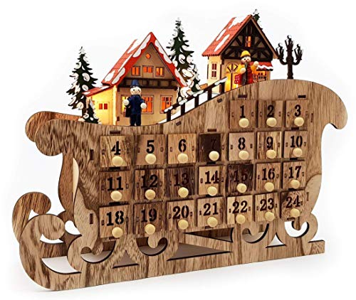 Wichtelstube-Kollektion LED Adventskalender Holz zum befüllen Weihnachtsschlitten Schwibbogen Weihnachtsdeko innen beleuchtet Batteriebetrieben mit Timer, 35cm breit von Wichtelstube-Kollektion