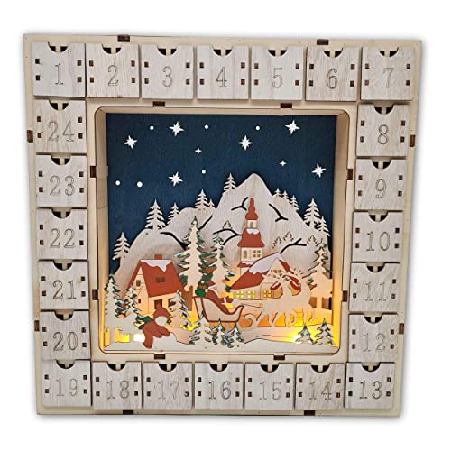 Wichtelstube-Kollektion LED Adventskalender Weihnachtsdorf Holz zum befüllen, wiederverwendbar XL-Fächer, LED Beleuchtung inkl. Trafo und Timer ca. 35cm von Wichtelstube-Kollektion