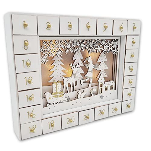 Wichtelstube-Kollektion Vintage Adventskalender Holz zum befüllen, Winterwald weiß XL-Schubfächer, Weihnachtsdeko Holz beleuchtet, Batteriebetrieb und timer von Wichtelstube-Kollektion