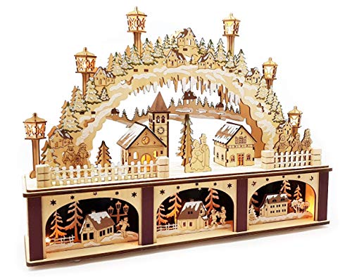 Wichtelstube-Kollektion XL 3D LED Schwibbogen mit Podest Weihnachtsdorf Lichterbogen Schwippbogen Echtholz Weihnachtdeko Holzkunst Fenster 45cm Breite von Wichtelstube-Kollektion