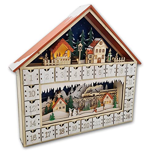 Wichtelstube-Kollektion XXL LED Adventskalender Weihnachtsdorf Holz zum befüllen, wiederverwendbar XL-Fächer, LED Beleuchtung Batteriebetrieben inkl Timer ca. 50 x 45cm von Wichtelstube-Kollektion