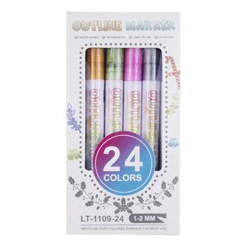 Wiclnyg 24 Colours Contour Pencils, Double-lin-e Outline Pen, Outline Markers, Fantasy Metal Halloween Christmas Handbook Greeting Card Handwritten Newspaper Special Gel Marker Pen von Wiclnyg