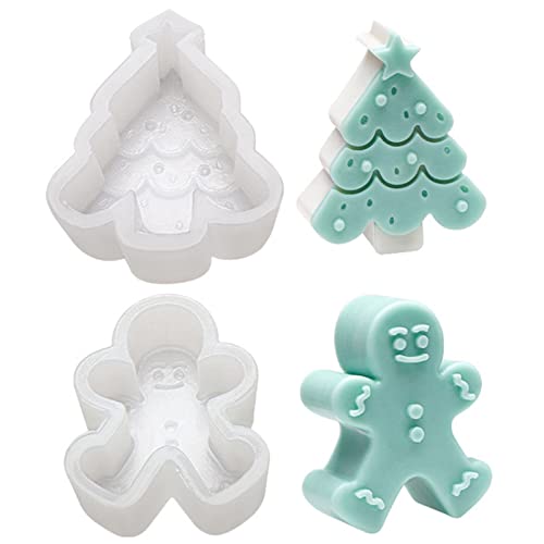 2 Pcs Kerzengießform Weihnachten,WideSmart Lebkuchenmann Silikonform Gießform Weihnachten Weihnachtsbaum Silikonform Kerzengießform Weihnachtsbaum Silikon Kerze Fondant Seife Formen für DIY Kerzen von WideSmart