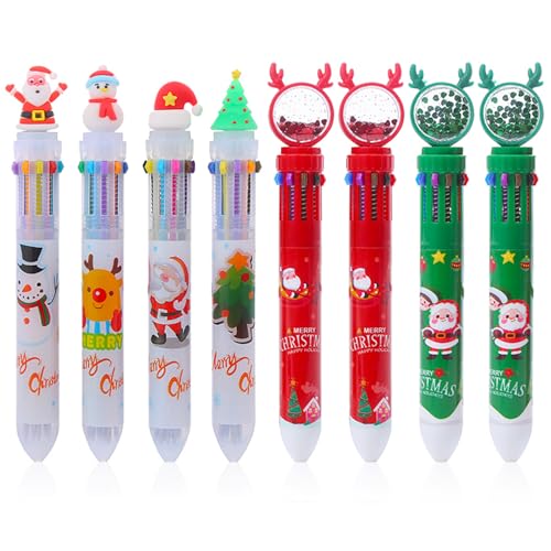 WideSmart 8 Pcs Weihnachten Kugelschreiber,Weihnachtsstift Weihnachts-Kugelschreiber Mehrfarbig Stifte 10-in-1 Einziehbar Weihnachtskugelschreiber Weihnachten Nette Rollerball Kugelschreiber 0.5mm von WideSmart