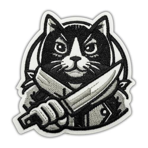 Wikineon Aufnäher zum Aufbügeln, Motiv: schwarze Katze mit Messer, bestickt, für Kleidung, Jacken, Jeans, Hüte, Rucksäcke, Westen – DIY lustige Meme-Applikation zum Aufnähen von Wikineon