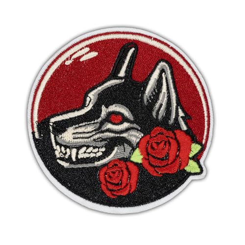 Wikineon Runder Wolf mit Rose, Aufnäher zum Aufbügeln / Aufnähen, Applikation, Horror, Punk, Gothic, Stickerei-Aufnäher für Jacken, Rucksäcke, Jeans, Kleidung, Hüte – DIY cooler Patch für Mädchen, von Wikineon