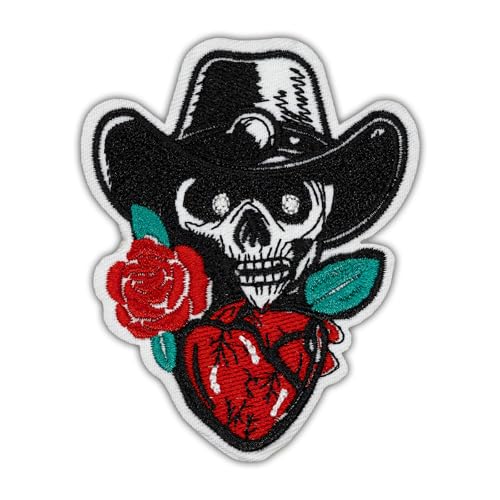 Wikineon Totenkopf Cowboy Herz Rose Patch Bügelbild Aufnäher Applikation Punk Gothic Stickerei Patch für Kleidung Jeans Jacken Rucksäcke Hüte Hemden – DIY Cool Patch Abzeichen von Wikineon