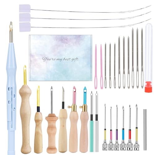 30 Stück Stickerei Starter Kit Punch Needle Kit Einstellbare Stanznadel Werkzeug Holzgriff Stickstift Stanznadel Tuch Stanznadel Set für Stickgarn Kreuzstich Anfänger von ImxPW