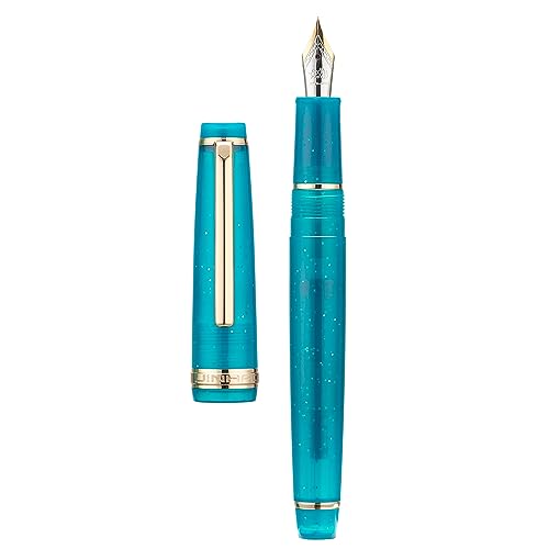 Jinhao 82 Acryl Füllfederhalter, Iridium Feine Feder mit Tintenkonverter, transparentes Pfauenblau fluoreszierendes klassisches Design, glattes Schreibstift (Goldrand) von Wikult