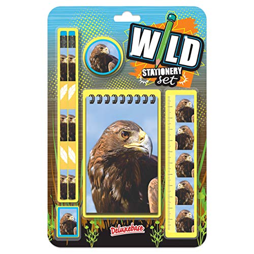 Wild Stationery Set - Adler von Deluxebase. Diese niedlichen Stationären Schulsets für Jungen enthalten 2 Bleistifte, Radiergummi, Spitzer, Lineal und Notizbuch von Deluxebase