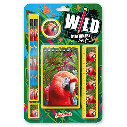 Deluxebase Wild Stationery Set - Papagei niedlichen Stationären Schulsets für Mädchen und Jungen enthalten 2 Bleistifte, Radiergummi, Spitzer, Lineal und Notizbuch von Deluxebase