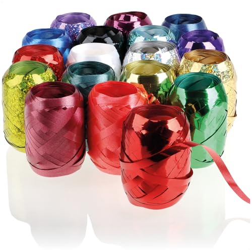 Wilhelm Sell® 18x Ringelband in bunten Farben - 20 m je Rolle - Set Geschenkbänder zum Basteln und Verpacken - Mattes, glänzendes und glitzerndes Polyband für Schleifen und Dekoration von Wilhelm Sell