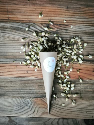 Blütenkonfetti Ivory Jasmin mit Cones und individuellem Sticker | 1L (90g) & 12 Cones aus Kraftpapier | Hochzeit | Geburtstag | Events | nachhaltiges Konfetti | Dekoration (Layout 7) von Willach GbR