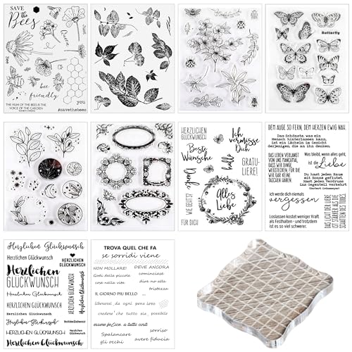 Silikonstempel Sprüche Deutsch Set,10 Blätter Geburtstag Stempel,Clear Stamps Glückwünsche,Blumen Clearstamp Set für DIY Bullet Journal Scrapbooking Fotoalbum Stempelset von Willdone