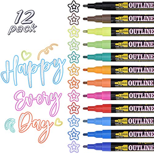 12 Farben Magic Pens, Magische Stifte Outline Stift Double Line Pen Wasserfest Glitzer Zweizeiliger Stifte Schnelltrocknend Permanent Marker für Malen, Steine, Geschenkkarte, DIY Fotoalbum, Scrapbook von Willingood