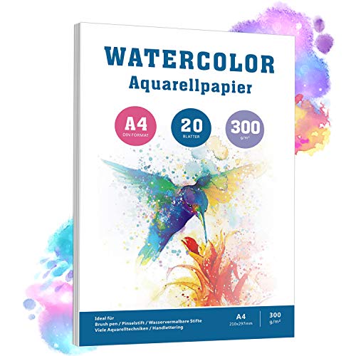 Aquarellpapier A4, 20 Blätter, 300 g/m², Weiß Aquarell Papier mit Rauher Oberfläche, pH-neutral Watercolour Paper Pad, 100% Baumwolle Säurefreis Papier für Aquarellmalerei Zeichnung und Handlettering von Willingood