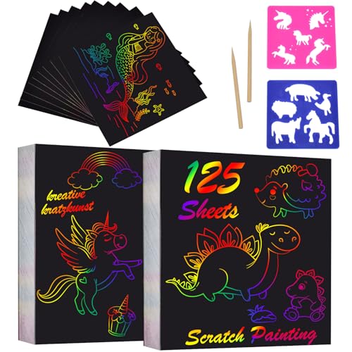 Kratzbilder Kinder, 125 Blätter Regenbogen Kratzbilder, Magic Scratch Book + 2 Holzstifte + 2 Malschablonen, Scratch Crafts Kinder Set zum Zeichnen & Basteln für Party Deko DIY Handwerk (8,5*8,5CM) von Willingood