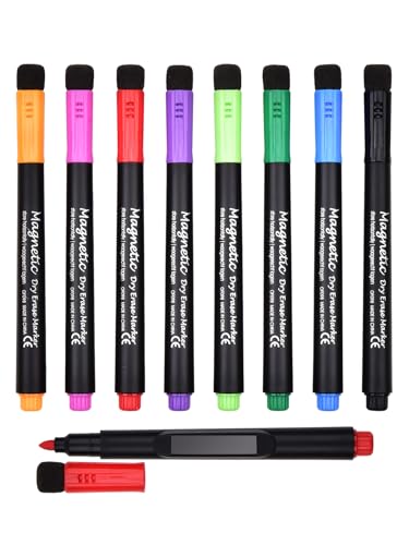 Willingood Folienstift abwischbar, 8 stück Whiteboard Marker, trocken abwischbar Whiteboard Stifte, Whiteboard Marker magnetisch, Marker mit Schwamm Rundspitze, Erase Marker mit Radiergummi von Willingood