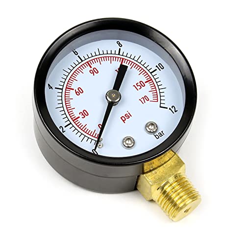 Wiltec Druckanzeige für Druckbehälter, 32 x 55 x 70 mm, Manometer radial DN8 (1/4") 12,9 mm, 0-12 bar (0-170 PSI), Durchmesser 50 mm, für Hauswasserwerk, Membranpumpe von Wiltec