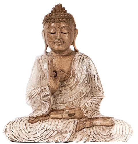 Windalf Happy Buddha Sitzend Siddhartha 22 cm Statue Holzfigur Deko-Statue Zen-Garten Deko-Figur Handarbeit Holz von Windalf