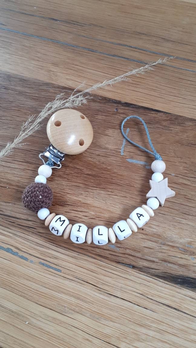 Schnullerkette Holz Mit Name Personalisierbar Natur Neutral von WindelfeeGeschenke