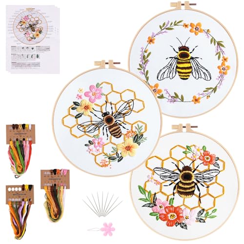 Winmany 3er-Pack Bienen-Sticksets für Erwachsene Anfänger, Kreuzstich-Set mit Anleitung (evtl. nicht in deutscher Sprache), Stickstoff, Hoops, Fäden, Starter-Bastelset für handgefertigte Liebhaber von Winmany