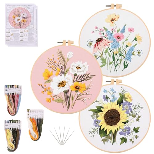 Winmany 3er-Pack Blumen-Sticksets für Erwachsene und Anfänger, Kreuzstich-Set mit Anleitung (evtl. nicht in deutscher Sprache), Stickstoff, Hoops, Fäden, Starter-Bastelset für handgemachte Liebhaber von Winmany