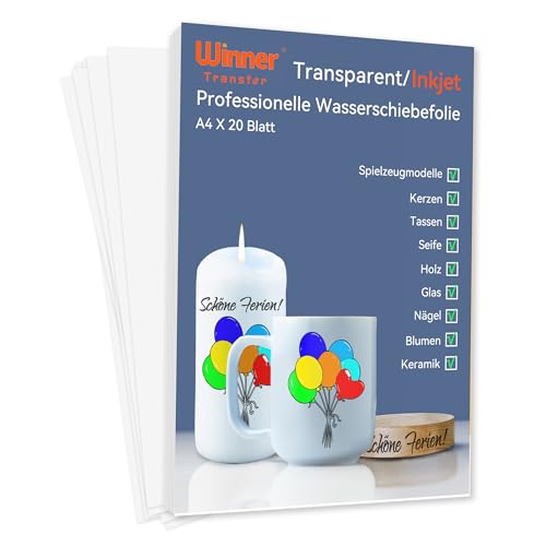 WinnerTransfer Professsionell Inkjet Wasserschiebefolie(TRANSPARENT) für Tintenstrahldrucker,A4X20 Blatt,Transferfolie für Spielzeugmodelle,Tassen,Keramik, Glas,Kerze (DWT-6-20) von WinnerTransfer