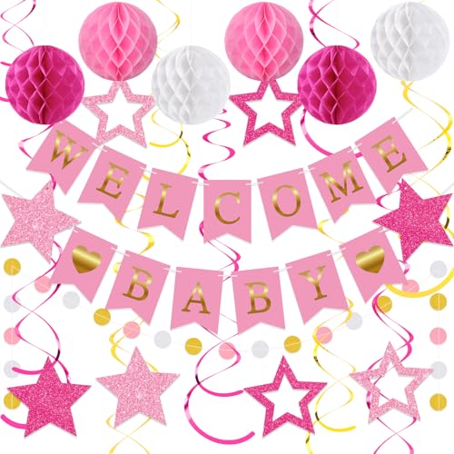 WinnerWhy 25 Stück rosa Babyparty-Dekorationen, Willkommens-Banner mit Glitzersternen, hängende Wirbel, Wabenbälle, Kreispunkte, Girlande für geschlechtsneutrale Babyparty-Dekoration, Reveal-Party von WinnerWhy