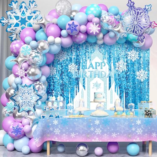 Winrayk 159 Stück Frozen Birthday Party Dekorationen Supplies Frozen Balloon Arch Wonderland Hintergrund Tischdecke 3 große Schneeflocken Luftballons Schnee Glitzer Patches Frozen Party Dekorationen von Winrayk