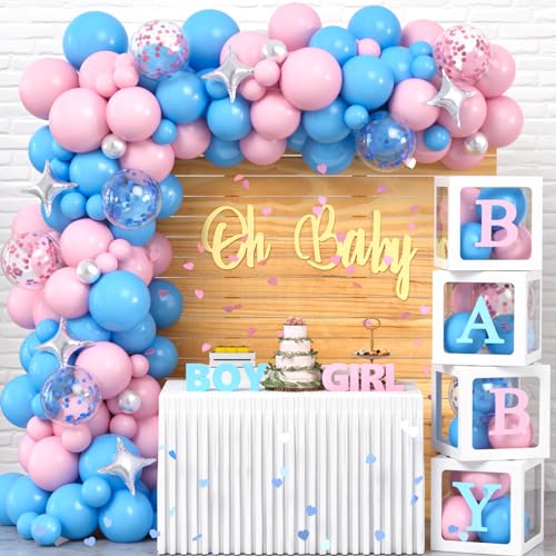 Winrayk Baby Gender Reveal Dekorationen, Baby Boxen mit Buchstaben, Rosa und Blau Ballonbogen Kit & Stern Folienballon, Kleinkind Geburtstag Baby Shower Boy or Girl Gender Reveal Party Supplies Ideen von Winrayk