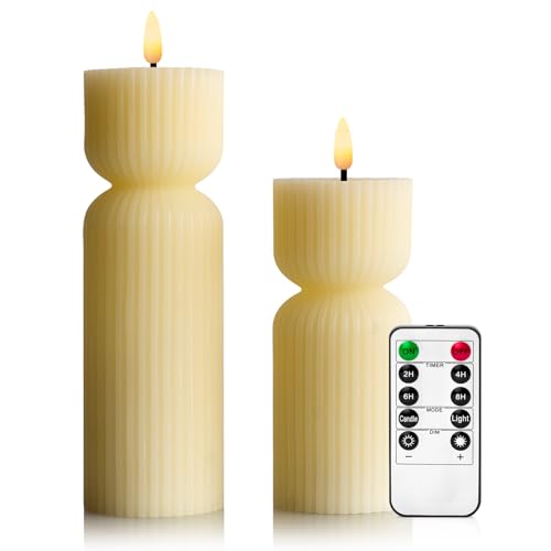 WinsTime LED-Kerzen Flammenlose Kerzen mit Fernbedienung Timer Funktion, Batteriekerzen, Elfenbein LED Stabkerzen, einzigartiges Design Flammenlose Kerzen, echtem Wachs, 2er-Set von WinsTime