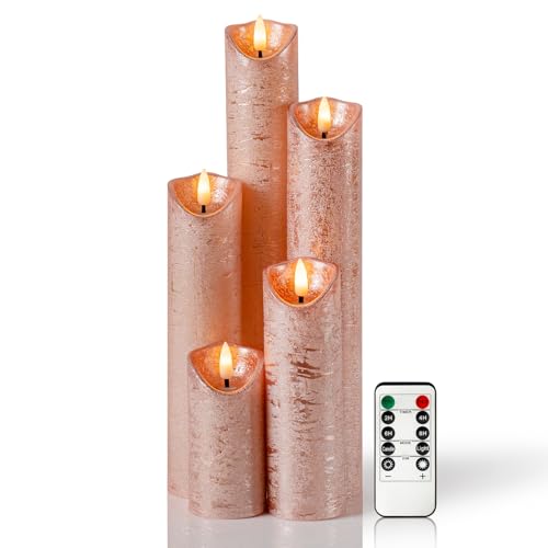 WinsTime LED-Kerzen Flammenlose Kerzen mit Fernbedienung Timer Funktion, Batteriekerzen, Rosa LED Stabkerzen, tanzender Flamme, echtem Wachs, 5er-Set von WinsTime