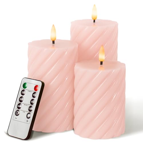 WinsTime LED-Kerzen Flammenlose Kerzen mit Fernbedienung Timer Funktion, Rosa Spiral batteriebetrieben flackernde Säule Kerzen, echtem Wachs, 3er-Set(10cm, 12.5cm, 15cm) von WinsTime