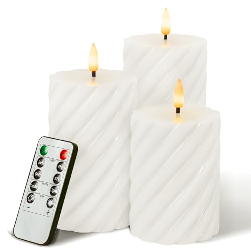 WinsTime LED-Kerzen Flammenlose Kerzen mit Fernbedienung Timer Funktion, Weiß Spiral batteriebetrieben flackernde Säule Kerzen, echtem Wachs, 3er-Set(10cm, 12.5cm, 15cm) von WinsTime