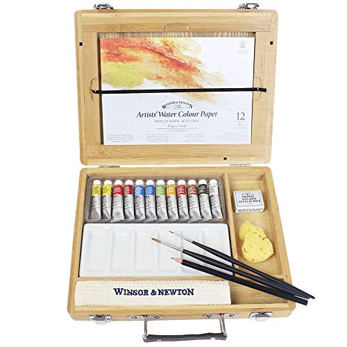 Winsor & Newton 0190692 Proessional Aquarellfarben Set, Bambus Kasten, 12 Lichtechte Aquarellfarben in 5 ml Tuben, 2 Pinsel, A5 Block, Mischpalette und Zubehör von Winsor & Newton