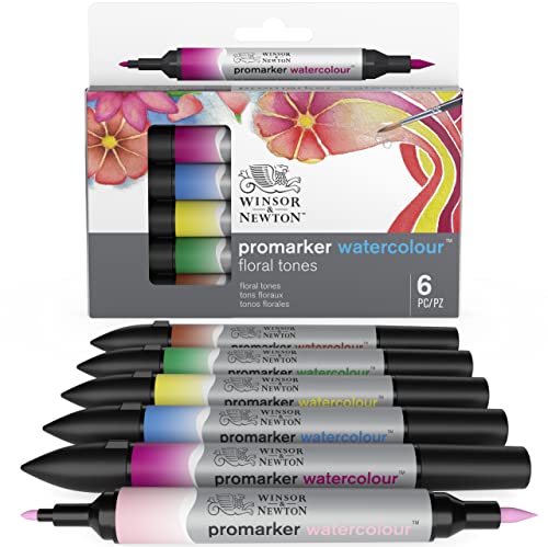 Winsor & Newton 0290166​ ProMarker Aquarellmarker - 2 Spitzen, Pinsel- und feiner Spitze, lichtecht, hochpigmentierte Aquarellfarben im Marker für Kalligrafie, Zeichnungen, 6 Farben Set Blumige Töne von Winsor & Newton