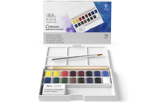 Winsor & Newton 0390060 Cotman Aquarellfarben Taschenset 16 Farben, lebendige Wasserfarben mit hoher Lichtechtheit, große Farbauswahl, Alterungsbeständig - 16 halbe Näpfe, Mischpalette, Pinsel von Winsor & Newton