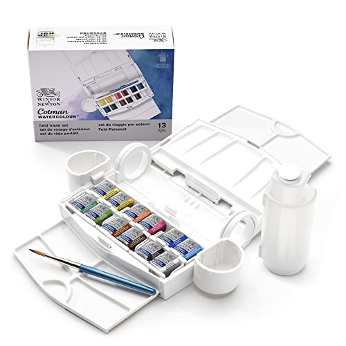 Winsor & Newton 0390374 Cotman Field Plus Set Aquarellfarben Set, lebendige Wasserfarben mit hoher Lichtechtheit, große Farbauswahl, Alterungsbeständig - 12 Farben in 1/2 Näpfen, Pinsel, Mischpalette von Winsor & Newton