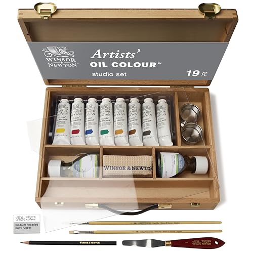 Winsor & Newton 1290018 Artists Ölfarbe Set - 8 Farben in 37ml, 2 Malmittel - Sansodor und Liquin Original in 75ml Flaschen, 2 Pinsel, Malmesser und Zubehör von Winsor & Newton