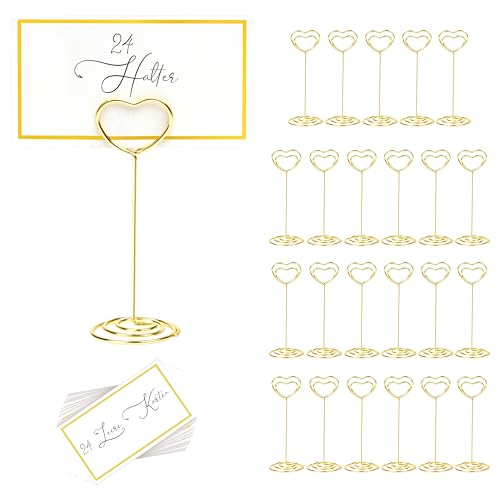 Winter Shore Herz-Tischkartenhalter Gold (24er-Pack) - Inklusive 24 Leere Tischkarten - Kartenhalter Tisch aus Metalldraht für Hochzeit, Party, Restaurant - 3,2 x 8,5 cm Halter, 8,4 x 4,8 cm Karten von Winter Shore